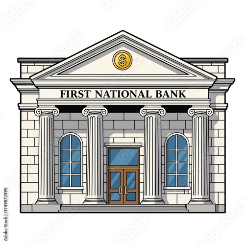 First national bank building facade isolated on white background