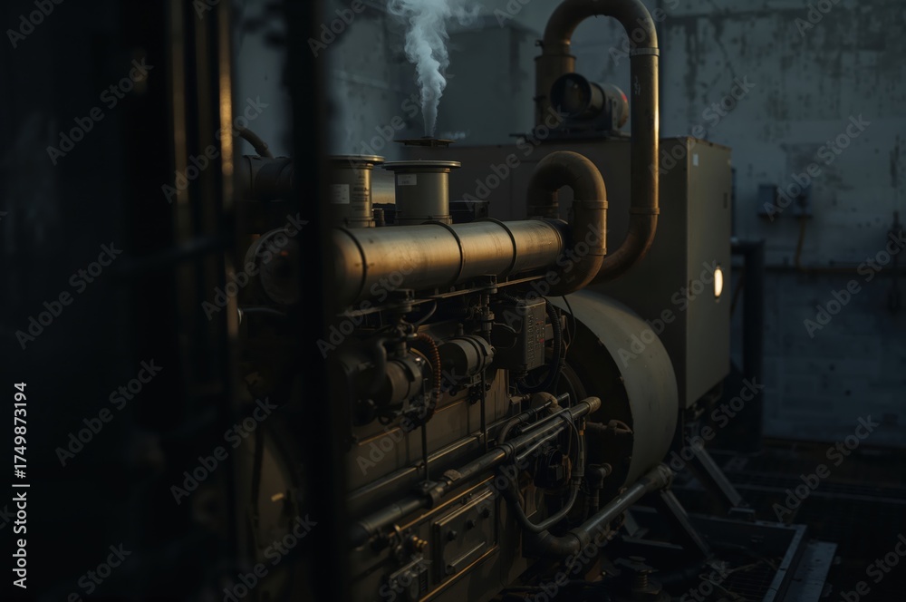 Fototapeta premium Close-up running diesel generator glowing softly with industrial precision and strength