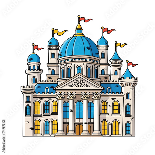 Fairytale castle with blue domes and flags isolated on white background