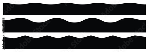 Scalloped edge seamless frills set. Vector illustration isolated on black and white background. Scalloped edge borders and dividers. Simple scalloped border Scalloped edge seamless vector set. Simple 