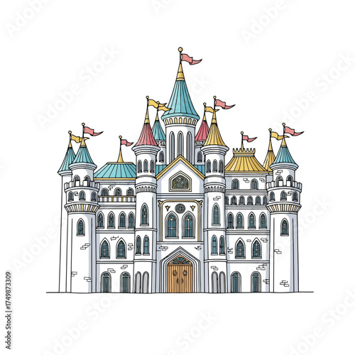 Fairytale castle with flags and towers, isolated on white background