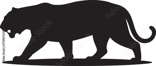 A black silhouette of a tiger walking on a white background 