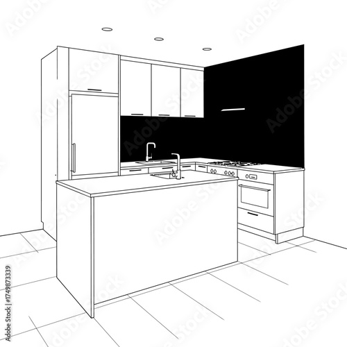 Modern kitchen design sketch with island and sleek cabinetry for interior inspiration vector on white background