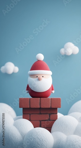 Cute Santa Figurine Stands on Chimney Surrounded by Fluffy Clouds During Holi...