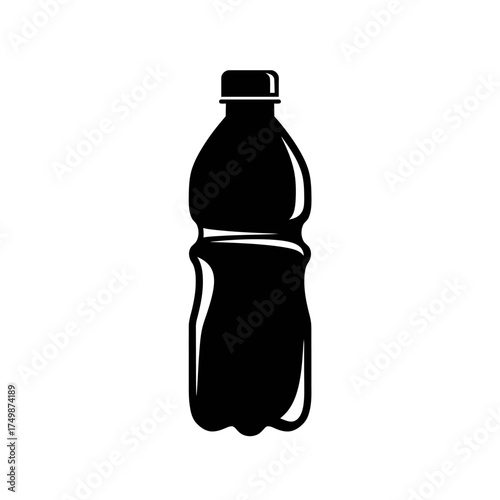 Simple black silhouette of a full plastic beverage bottle with cap and textured surface vector on white background