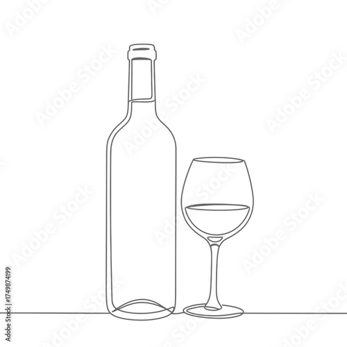 Elegant wine bottle and glass simple outline drawing minimalist beverage alcohol drink vector on white background