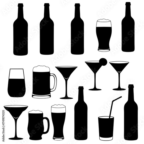 Collection of silhouetted alcoholic and non-alcoholic beverage glasses and bottles vector on white background