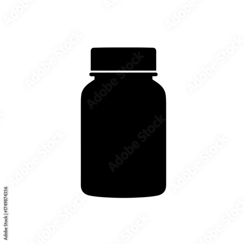 Simple black silhouette of a medicine bottle or pill container representing health and pharmacy vector on white background