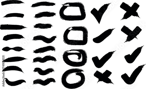 Grunge Brush Strokes Collection with Check Marks and Cross Symbols