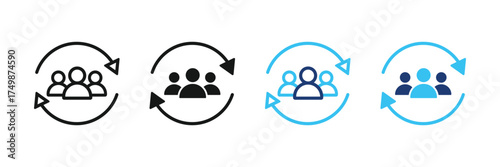 Personnel change icon set. People with arrow icon. Teamwork team rotation icon. Staff user visitors rotation icon.