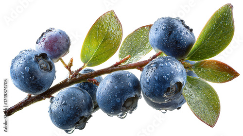 Fresh Blueberries on Branch with Green Leaves, Perfect for Organic Food, Healthy Lifestyle, Summer Recipes, and Natural Ingredients, Isolated on White Background Transparent background, PNG