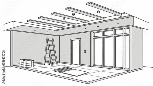 Interior design renovation room with ladder and ceiling beams architectural drawing illustration