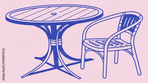 Illustration of outdoor patio furniture set with round table and chair for garden or backyard decor