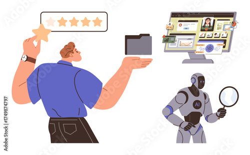 Man evaluating with a star, folder, AI robot inspecting with magnifying glass, computer interface. Ideal for AI, teamwork, productivity, technology analytics management innovation. Simple flat