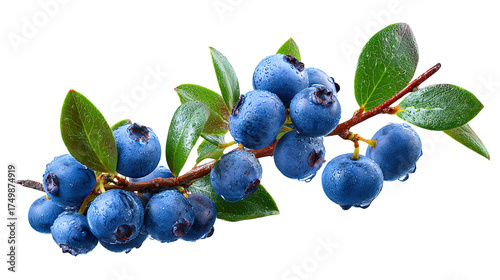 Fresh Blueberries on Branch with Green Leaves, Perfect for Organic Food, Healthy Lifestyle, Summer Recipes, and Natural Ingredients, Isolated on White Background Transparent background, PNG