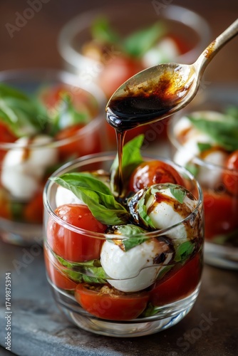Fresh Mozzarella and Cherry Tomatoes Served With Basil in Elegant Glass Dishes