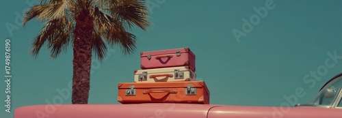 Vintage Luggage Stacked on Car Hood Under Palm Trees in Sunny Outdoor Setting