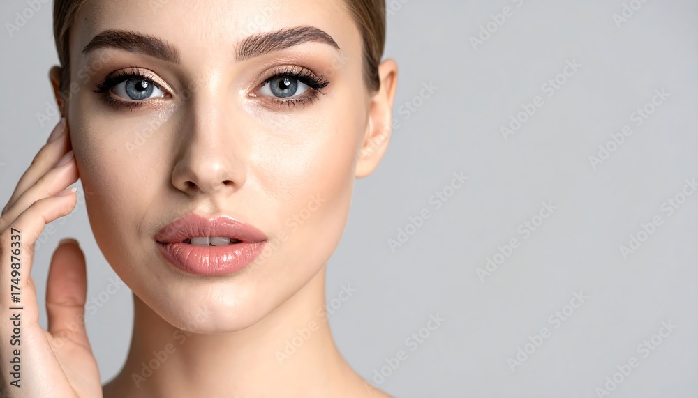 Fototapeta premium A close-up portrait of a fair-skinned woman with expressive blue eyes, expertly styled makeup, and sleek updo against a gray background
