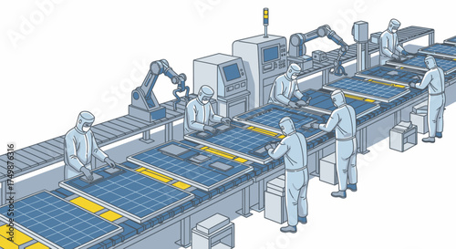 Isometric illustration of a modern solar panel manufacturing facility with workers and robotic arms on a production assembly line