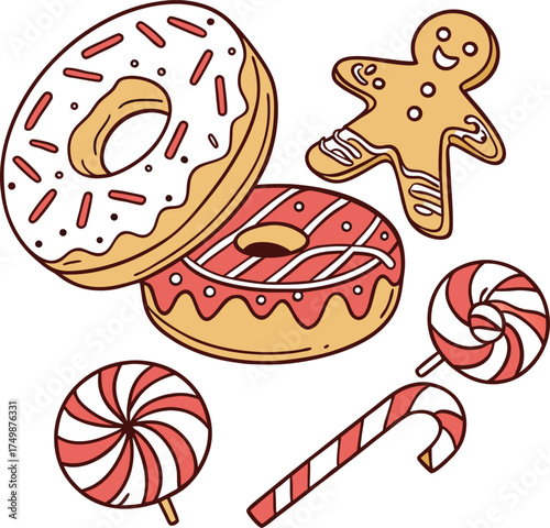 Cute Holiday Dessert Set Featuring Donuts, Gingerbread, and Candy Cane Vector