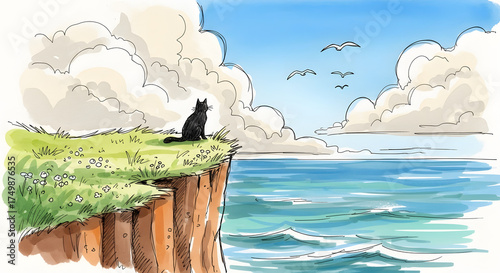Cat Sitting on Cliff Overlooking Ocean Illustration.