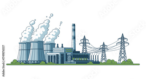 Industrial landscape featuring a nuclear power plant with cooling towers and high-voltage power lines for electricity generation and distribution