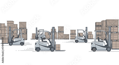 Streamlined logistics operation with a fleet of forklifts efficiently managing inventory in a modern warehouse environment