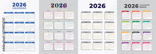 2026 calendar. 2026 Planner calender template with 12 month. Symple Layout Illustration. Week starts on Monday. Calendar Set for 2025 2026 2027 year 