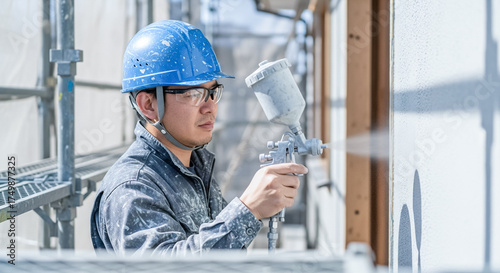 Naklejka 戸建住宅の外壁を塗装する作業員