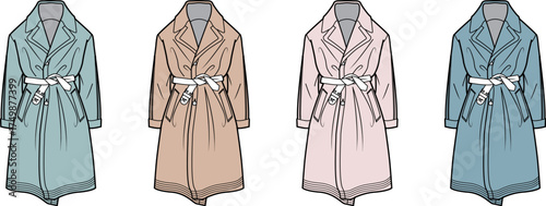 Vector fashion flats depicting a set of classic trench coats for women in soft blue, beige, and pink hues, ideal for apparel design and textile projects and seasonal wardrobe concepts