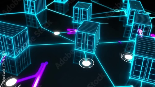 Abstract digital network of glowing blue cubes and interconnected lines on a dark background, representing data flow and technology.