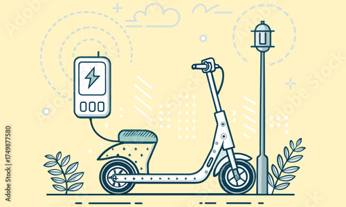 Modern electric scooter and e-bike illustrations showcasing eco-friendly transportation with battery symbols and sleek designs. Perfect for technology, sustainability, and urban mobility content.