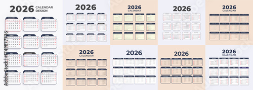 Big set of 2026 calendar. Planner calender template with 12 month. Week starts Sunday. Yearly organizer. Table schedule grid.  Horizontal simple design. Vector illustration.