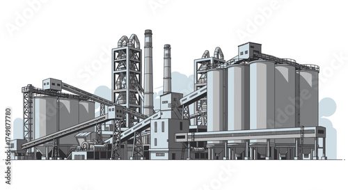 Detailed vector illustration of a modern cement factory with silos and chimneys, showcasing industrial architecture and manufacturing processes