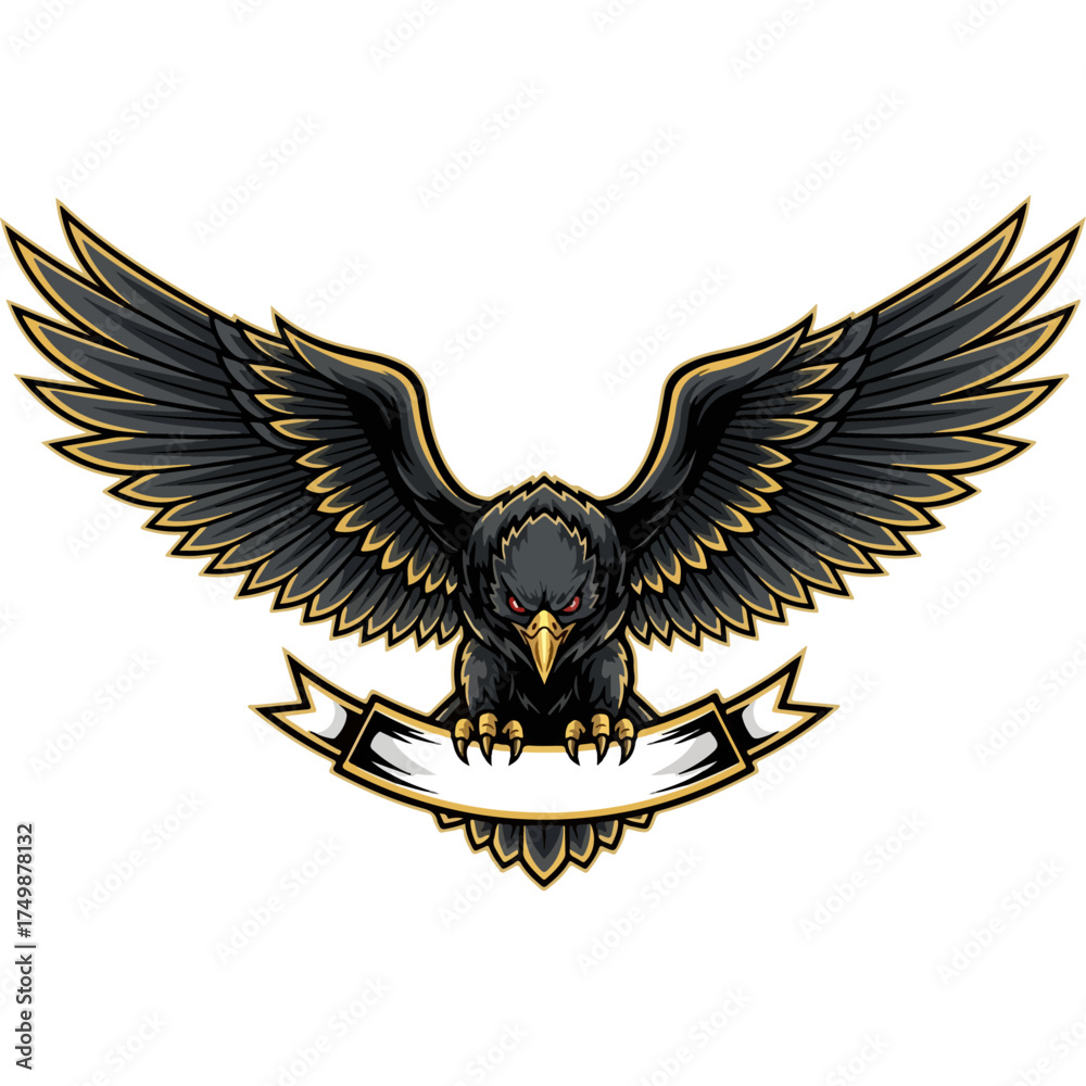 Obraz premium Illustration of a black eagle with outstretched wings holding a banner.