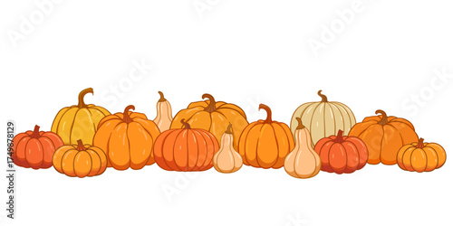 Pumpkin patch vector set. Bunch of autumn pumpkins. Hand drawn pumpkin squash frame, border in different colors and shapes.