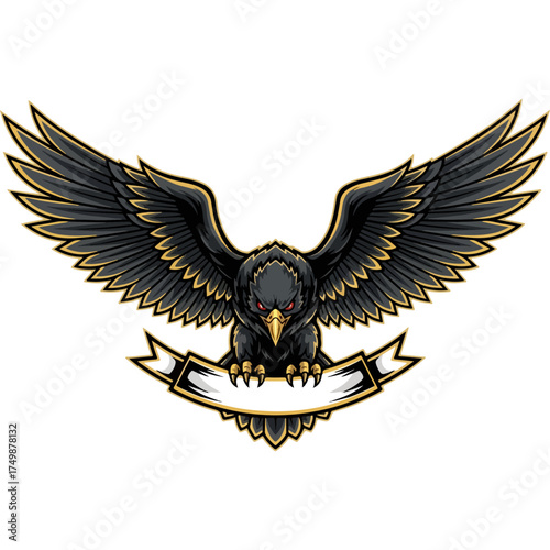 Illustration of a black eagle with outstretched wings holding a banner.