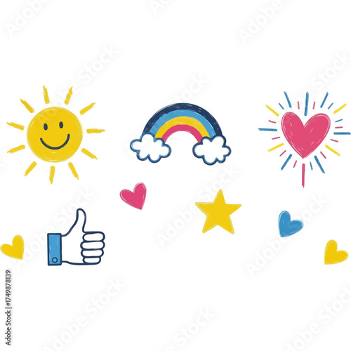 Whimsical drawing with sun, rainbow, heart, star, and thumbs up.