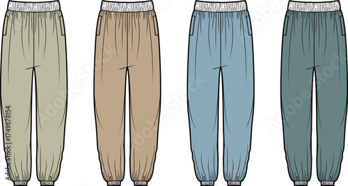 Four pairs of neutral-toned, relaxed-fit, cuffed jogger pants with elastic waistbands, displayed from the front