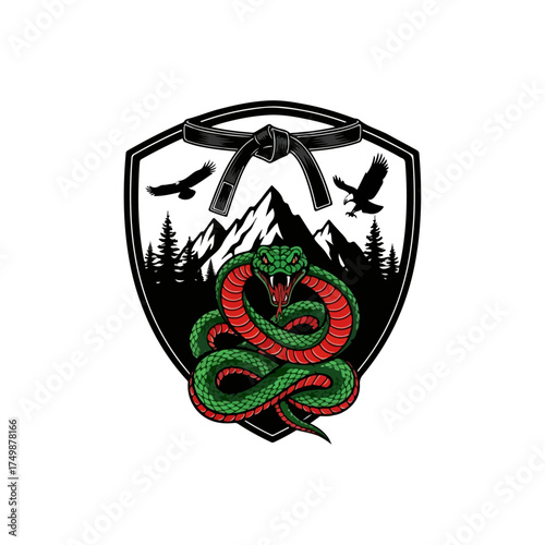 Martial arts emblem with snake, mountains, eagles, and black belt.