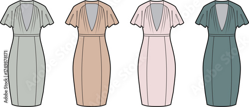 Fashion illustration of four short women's dresses, showcasing elegant flutter sleeves, a V-neck, and an empire waist design, presented in diverse soft color options