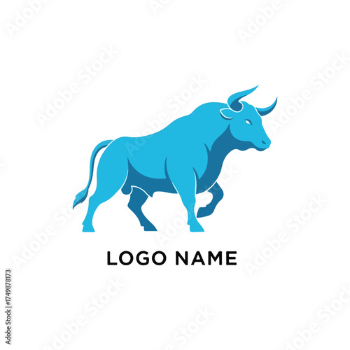 Illustration of a blue bull with logo name below.