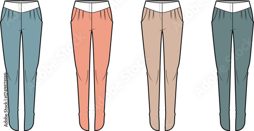 Fashion technical flat sketch of women's high-waisted casual pants in four different colorways for apparel design templates and clothing collections