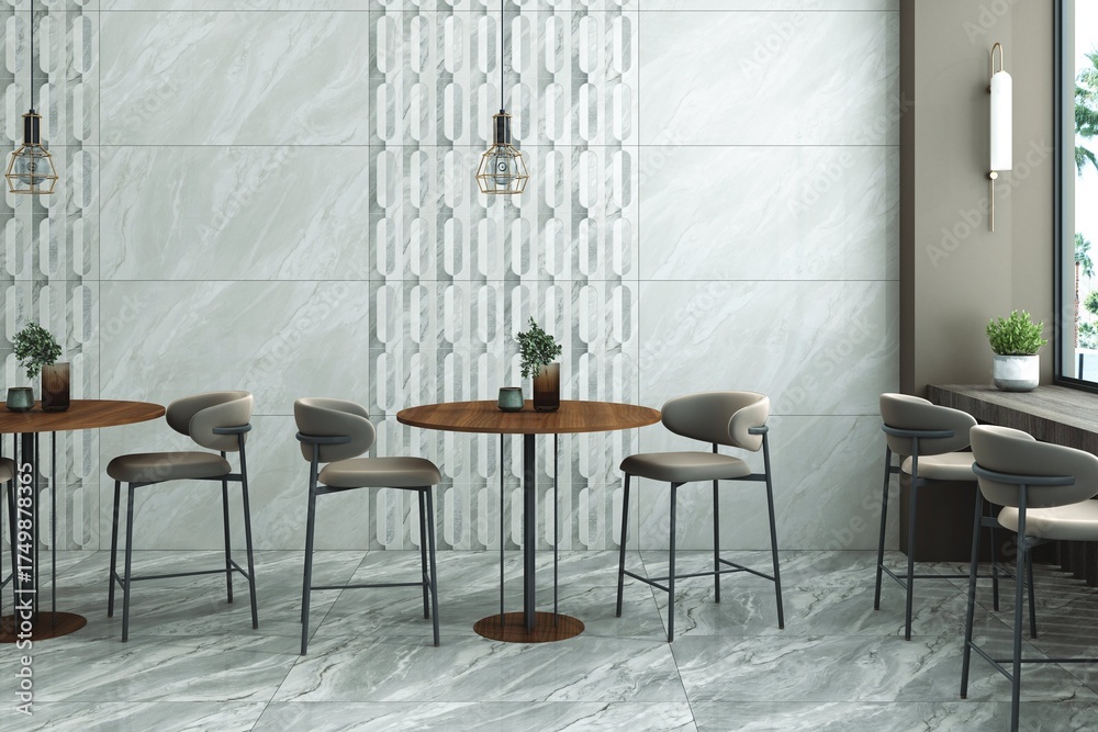 Fototapeta premium Minimal restaurant design featuring stone tiles and soft lighting. 3D Rendering
