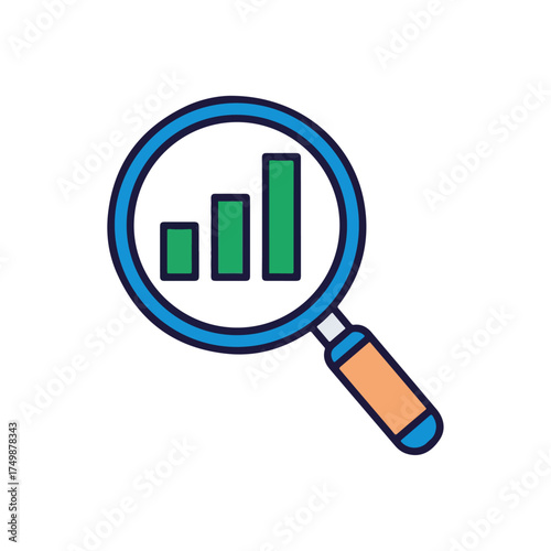 Magnifying glass over a bar graph, representing data analysis and research.