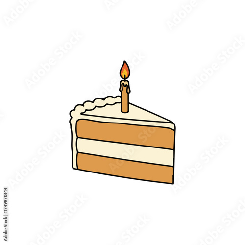 A slice of birthday cake with a lit candle on top, isolated on a white background.