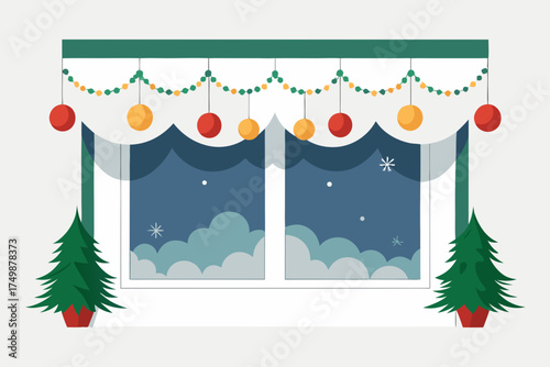 Decorated window with christmas trees near on transparent background