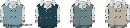Set of stylish men's double-breasted vests in different color palettes, a vector fashion illustration template for apparel design