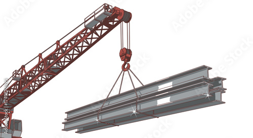 Detailed 3D illustration of an industrial construction crane hoist lifting structural steel girders against a white background
