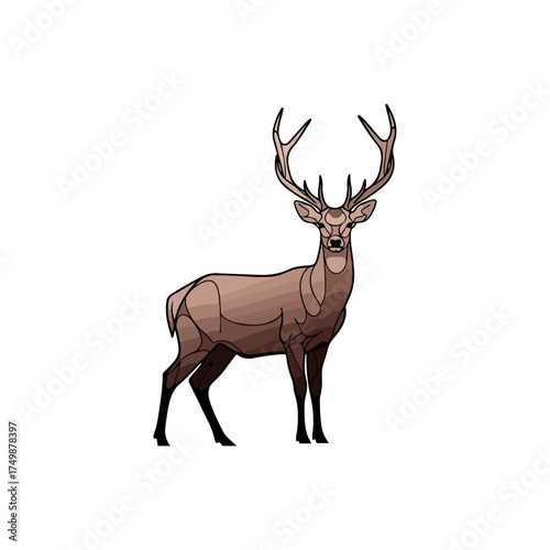 Illustration of a brown deer with large antlers.